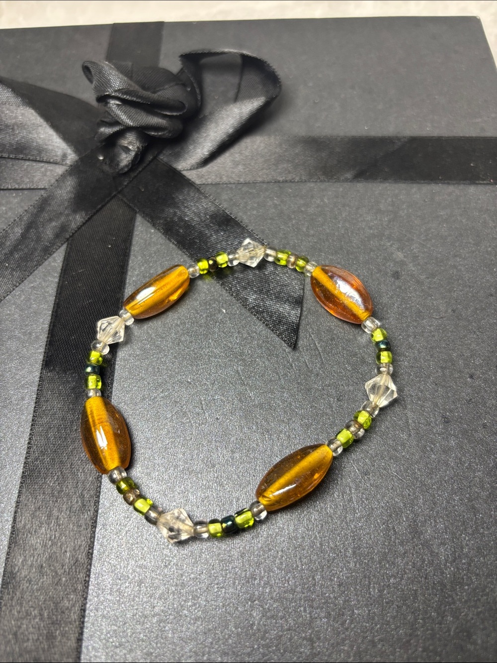 Handmade Amber and Green Beaded Bracelet